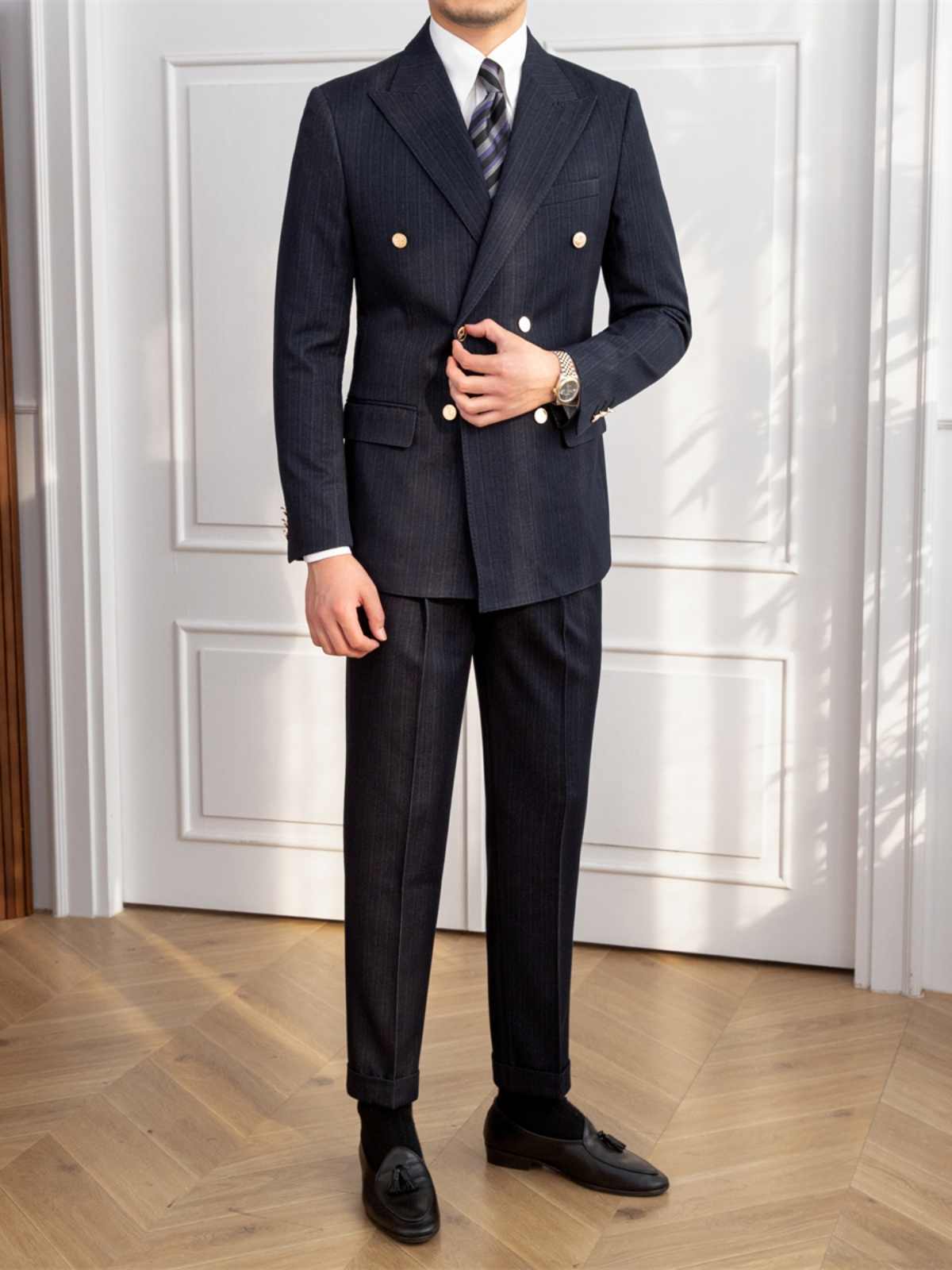 Autumn Double Breasted Slim Fit Striped Suit