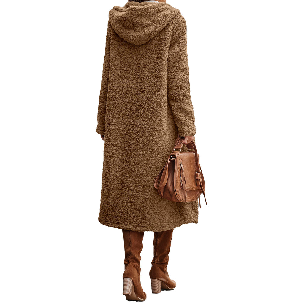 Veste à capuche en peluche marron à manches longues pour femme - Tailles S à 2XL