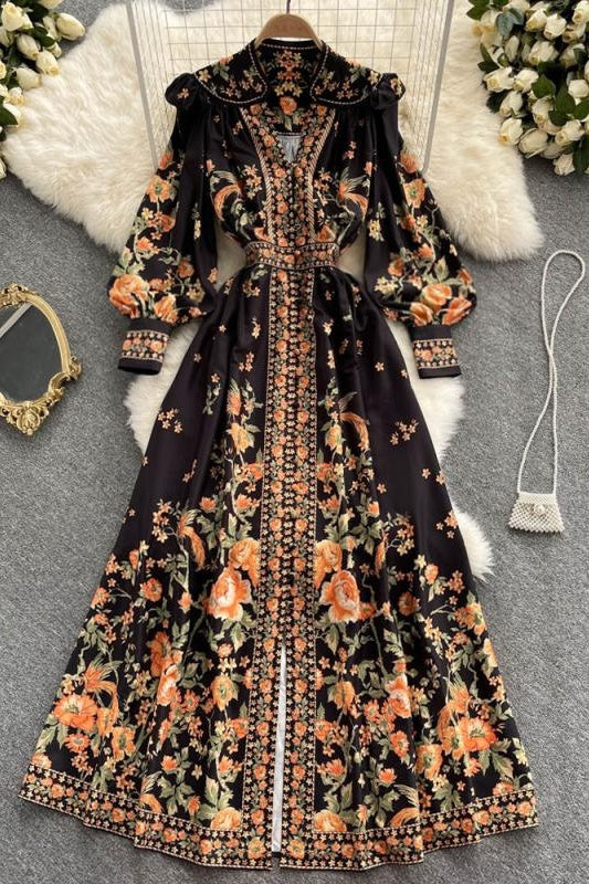 Women's Loose French Retro Floral Apricot Black Dress