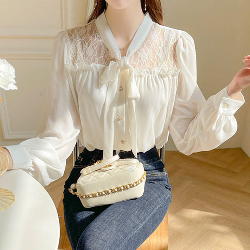 Chemisier en mousseline de soie à manches longues et patchwork de dentelle élégant pour femme
