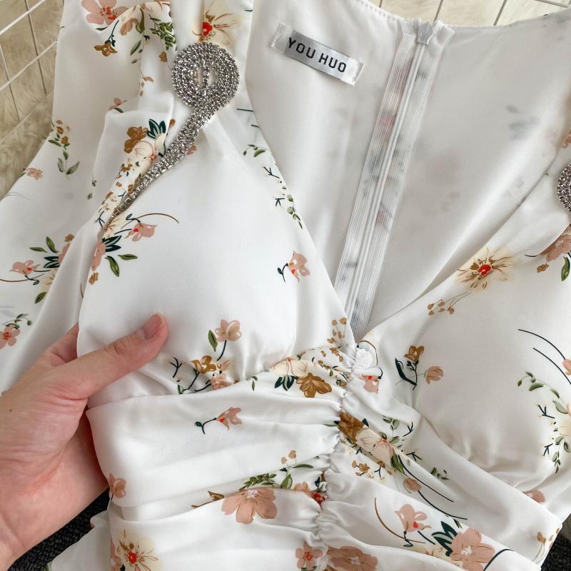 Jupe longue plissée à manches longues à imprimé floral rétro pour femme