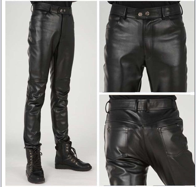 Men's Leather Pants Motorcycle Leather Stitching PU Trousers