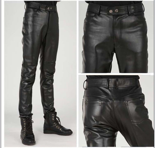 Men's Black PU Leather Motorcycle Pants with Stitching