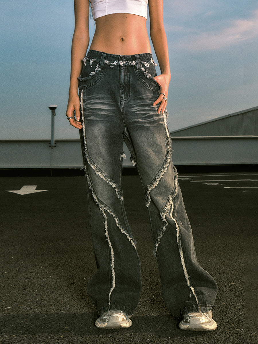 Retro Cotton Blend Jeans for Men and Women in Washed Blue and Black