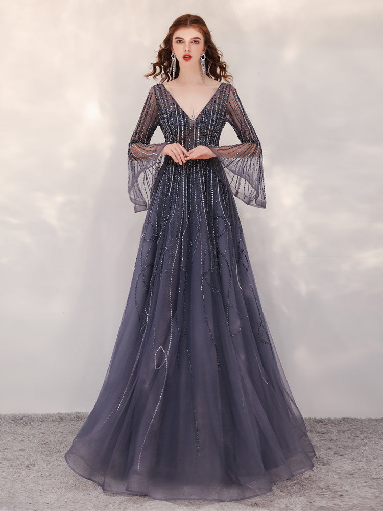 High-End Luxury Evening Dress for Banquet with Trumpet Sleeve and Zipper