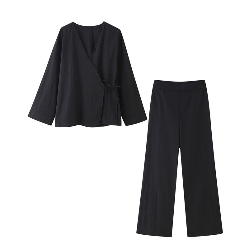 Retro Lace-Up Two-Piece Long Sleeve Trousers Suit in Gray Green & Black