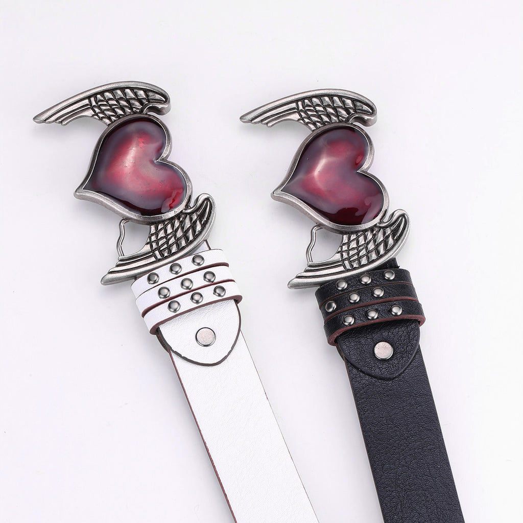 Heart Wings PU Leather Belt with Alloy Buckle, 108cm, Black & White