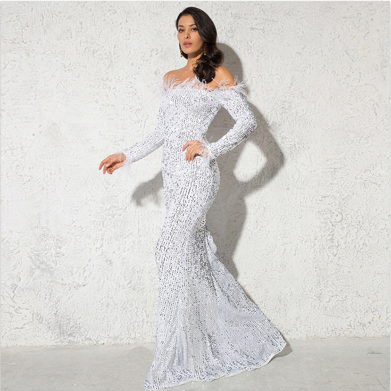 Off-the-Shoulder Fishtail Party Dress in White, Green, Black & Wine Red, Sizes S-XL