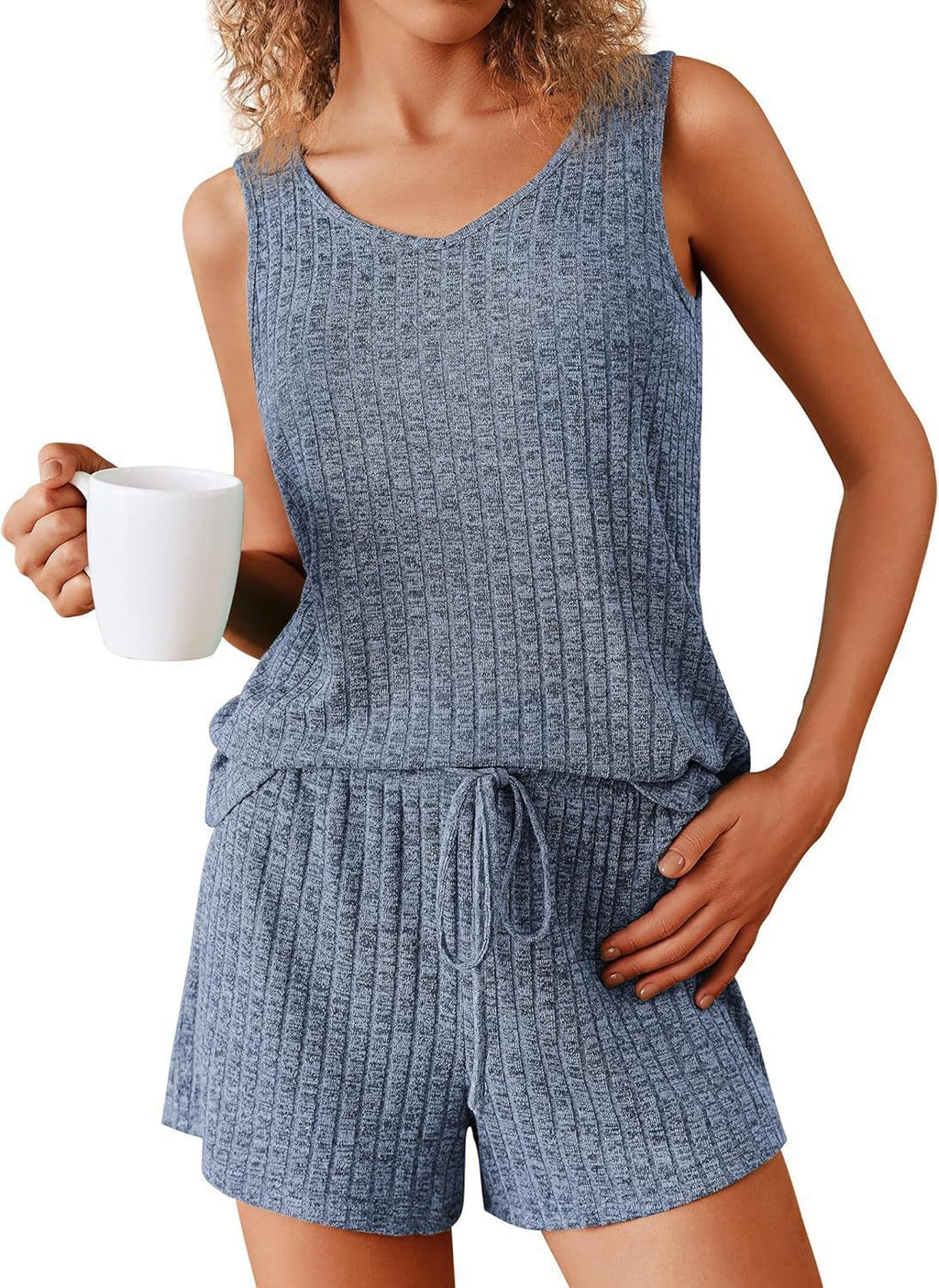 طقم بيجامة منزلية نسائية بدون أكمام من نسيج مضلع