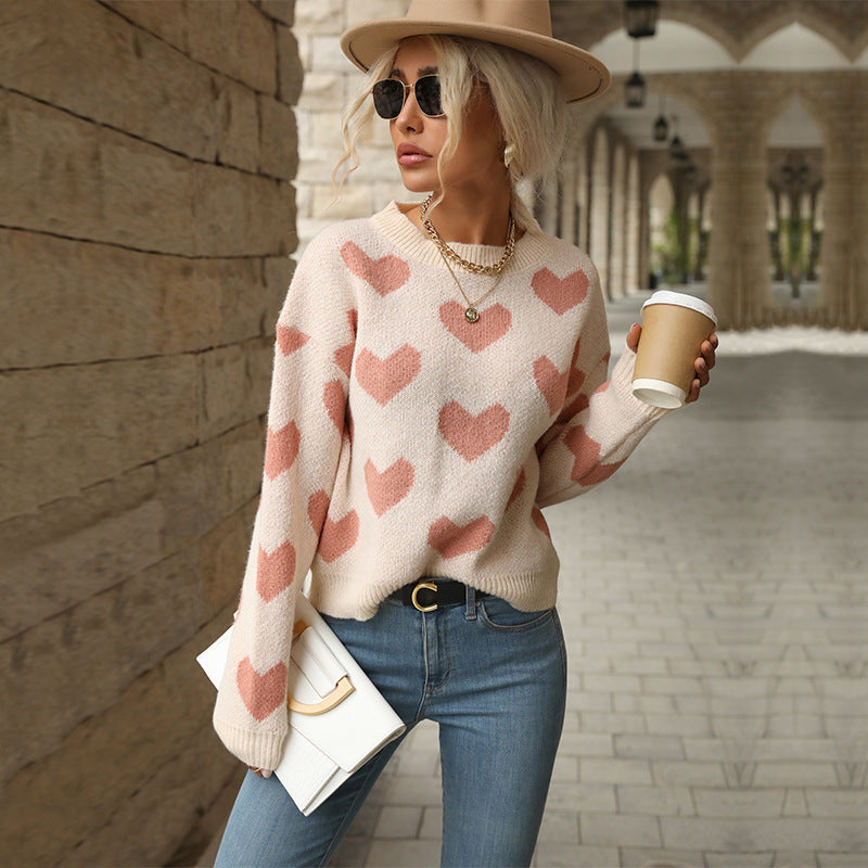 Fashion Love Print Knitting Sweater Casual Long-Sleeve Pullover for Women