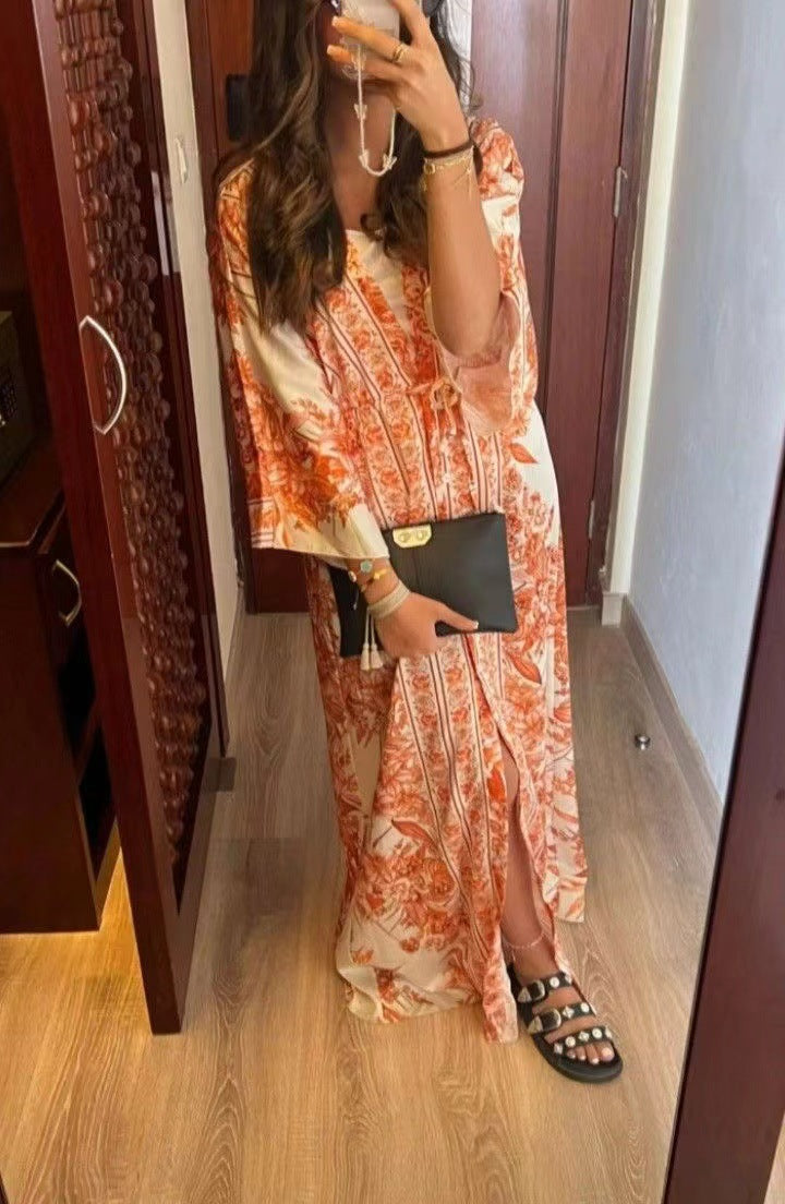 Spring Summer V-Neck Short Sleeve Printed Long Swing Skirt