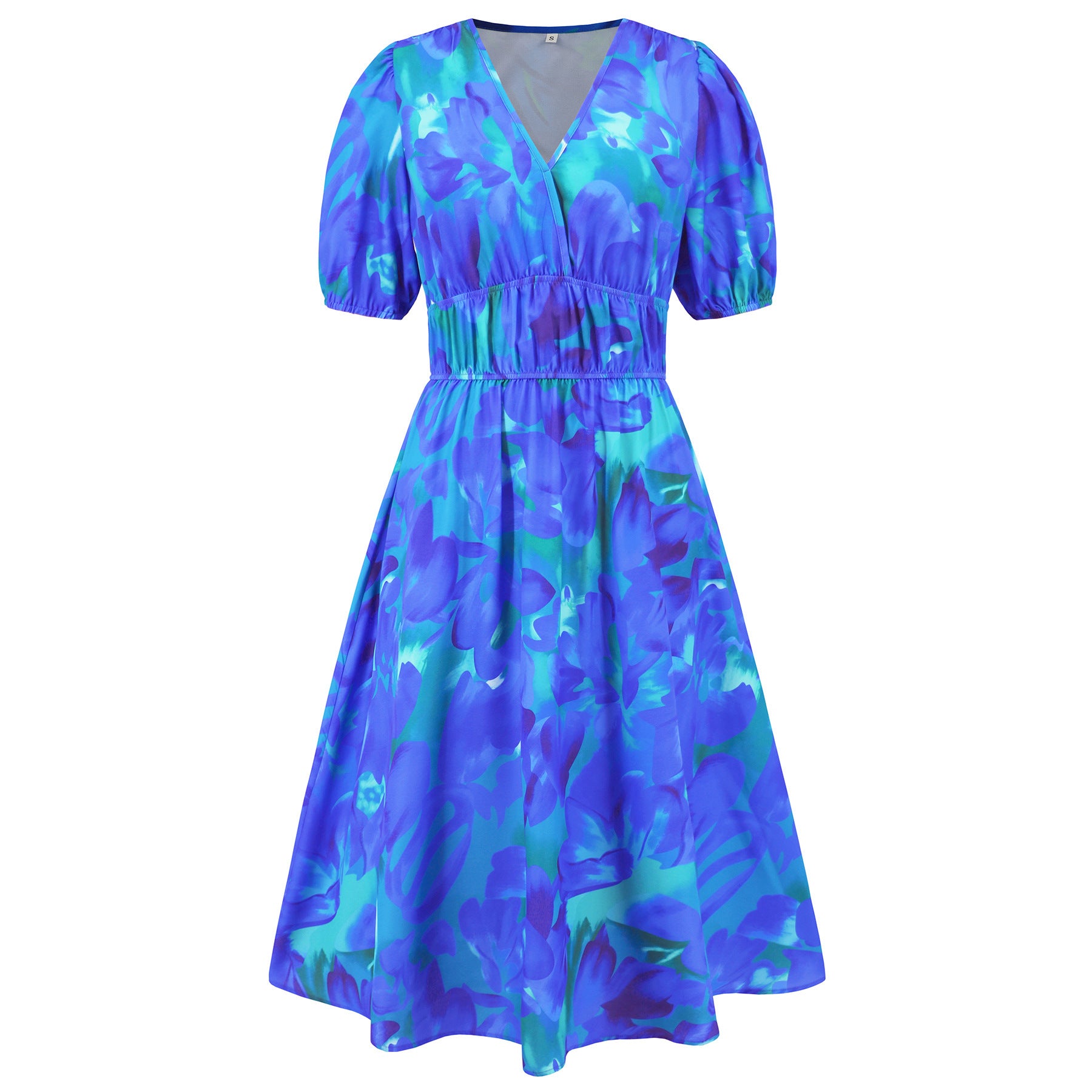 Robe d'été femme col en V imprimé floral bohème avec manches bouffantes