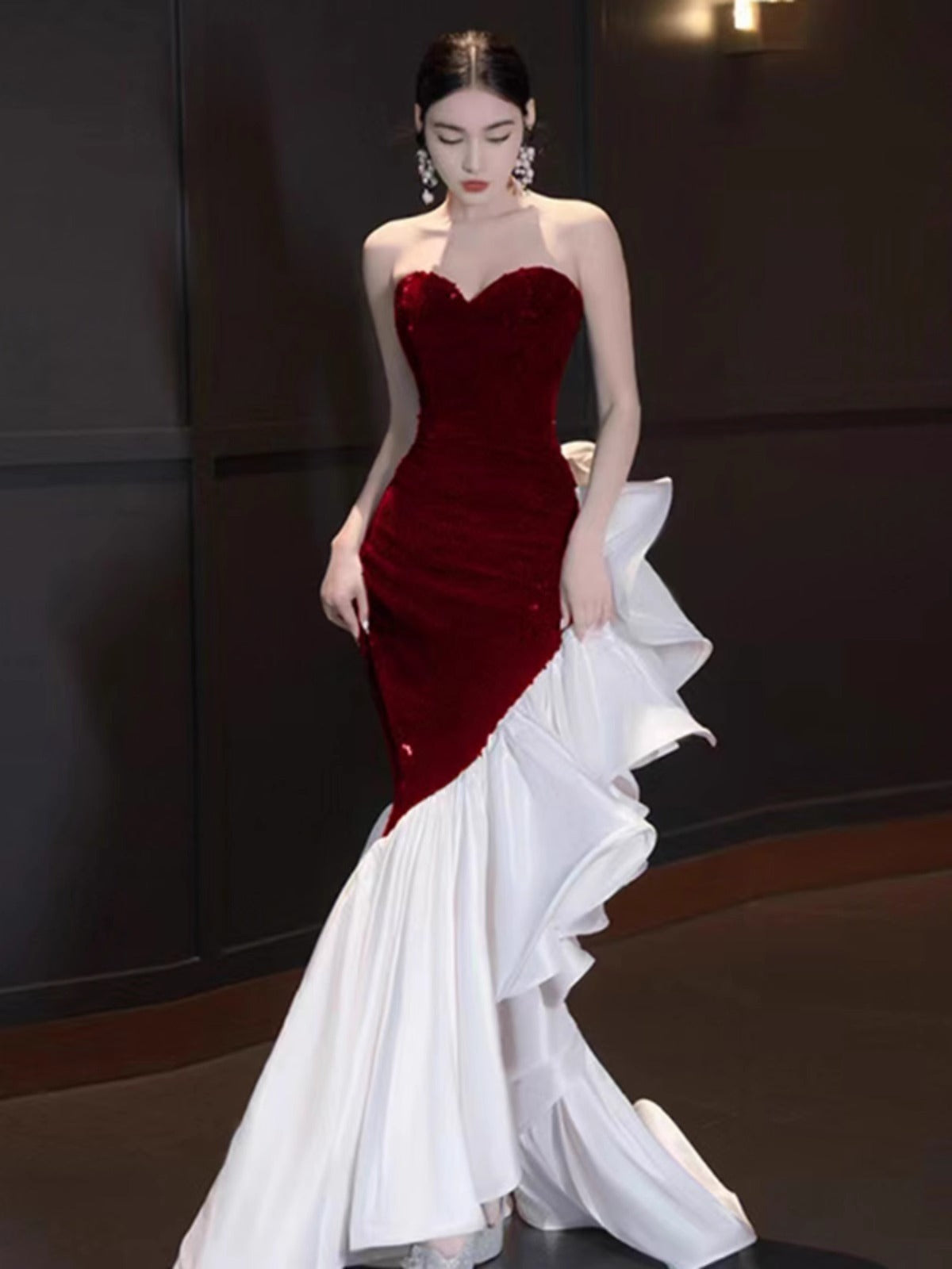 Tube Top Evening Gown with Embroidery in Black & Wine Red