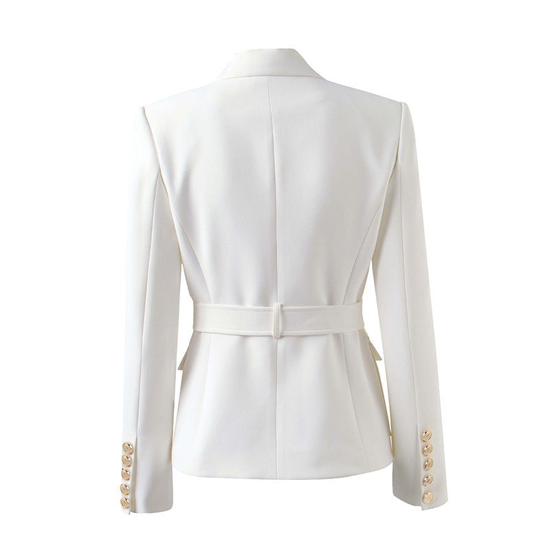 Manteau femme bicolore noir et blanc avec poches et ceinture à boucle métallique