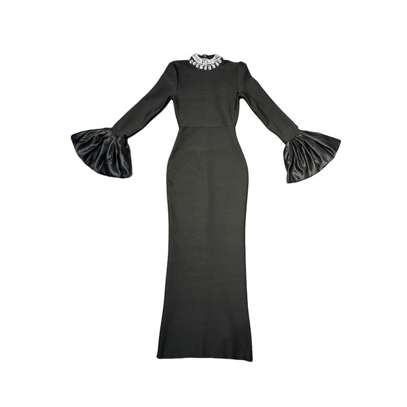Robe de soirée moulante noire à manches longues avec strass pour événements arabes