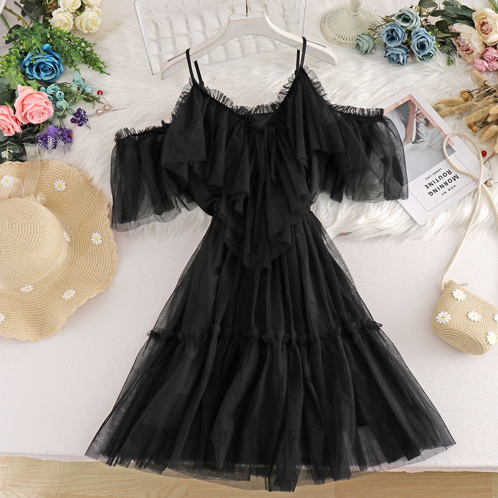 Off-the-shoulder Strappy Ruffled Mesh Dress