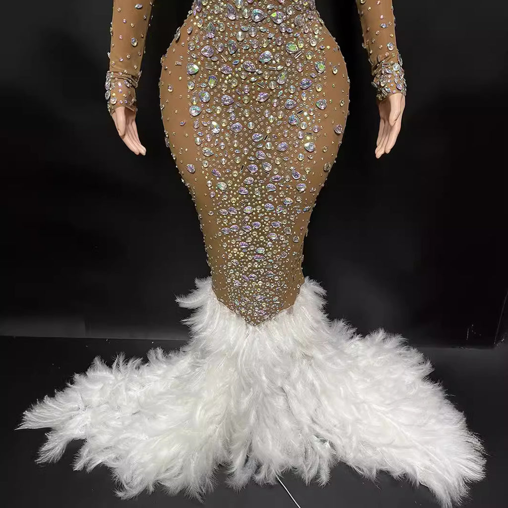 Women's Brown Shiny Diamond Backless Long Sleeve Dress
