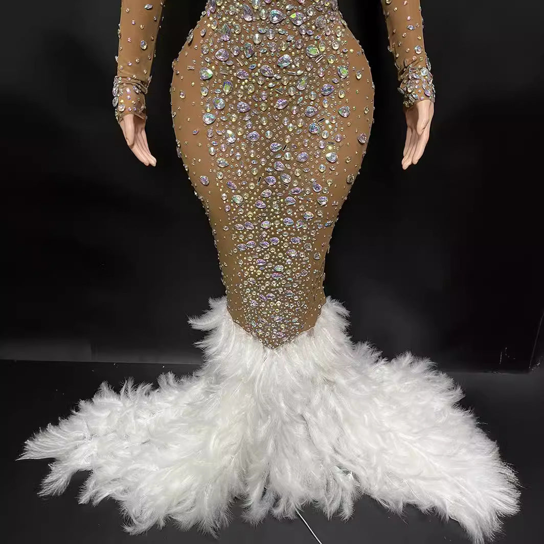 Women's Brown Shiny Diamond Backless Long Sleeve Dress
