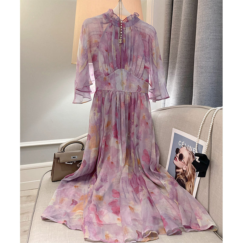 Tea Break Pink Floral Chiffon A-Line Dress