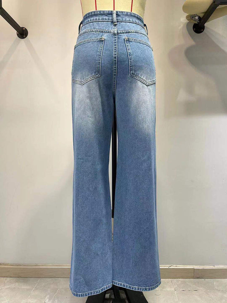 Jeans Femme Taille Haute Jean Large Droit Bleu Clair
