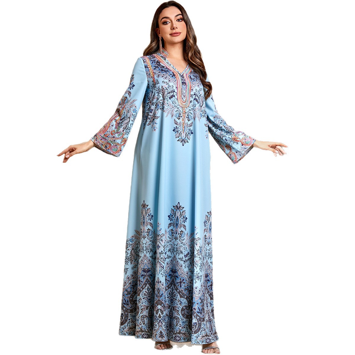 Printed Women's Arabian Casual Abaya Round Neck Loose Dress
