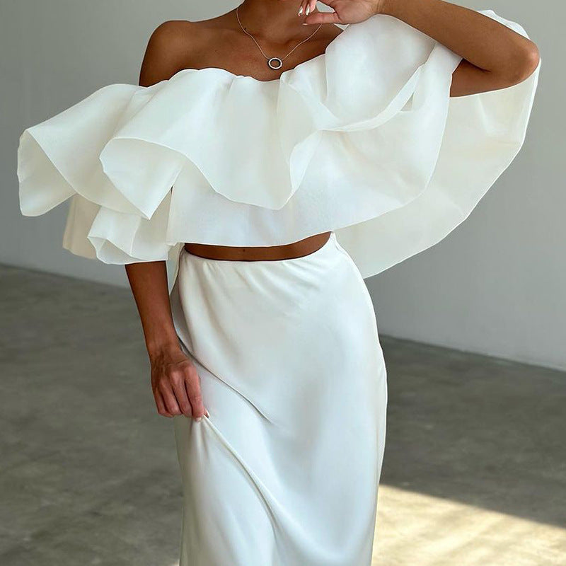 Elegant Off-Shoulder Ruffle Sleeve Top and Long Skirt Suit for Women