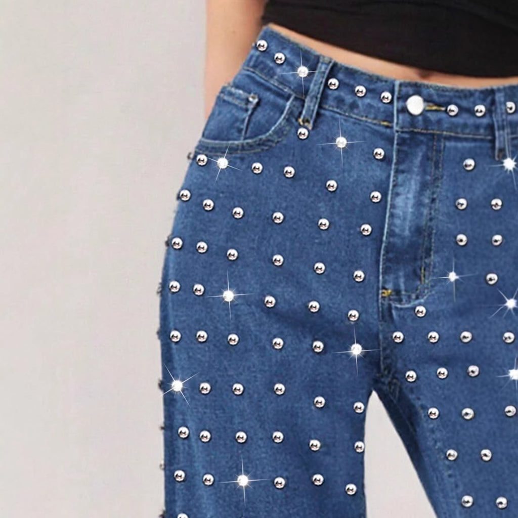 Jean droit taille mi-haute en denim bleu moyen pour femme : un look audacieux et tendance