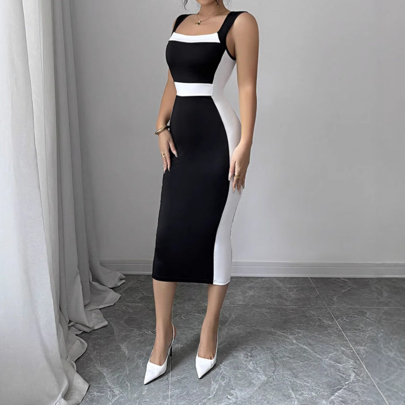 Robe longue color block à col carré et à fines bretelles pour femme