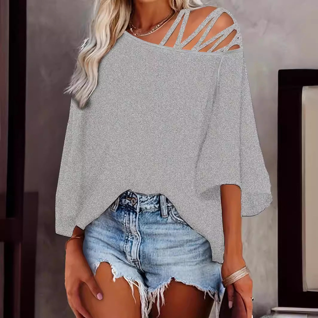 Women's Summer Off-Shoulder Loose Solid Color Top Polyester S-XXL