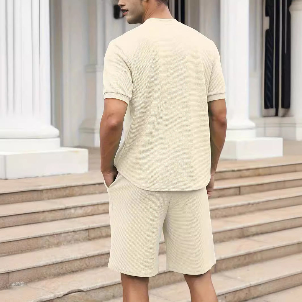 Ensemble T-shirt à manches courtes zippé et short gaufre blanc laiteux à col montant pour homme