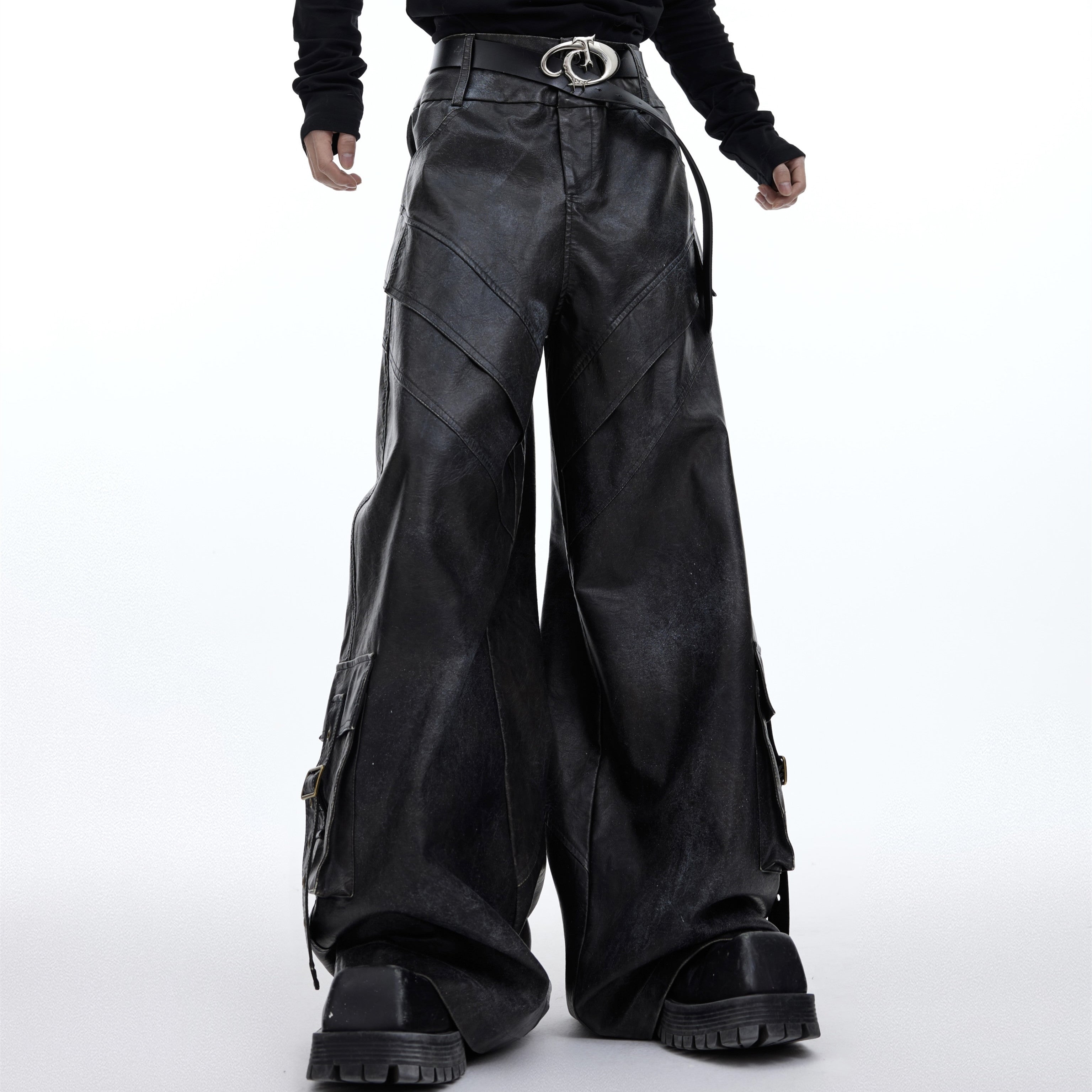 Pantalon décontracté Punk en similicuir éclaboussé d'encre avec poches