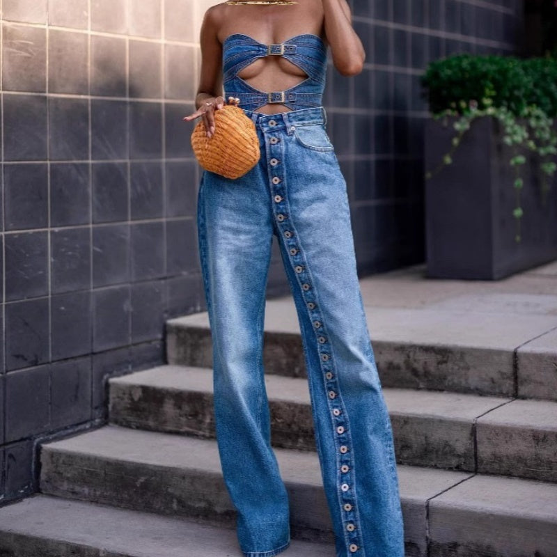 American Retro Washed Blue High-Waist Straight Denim Jeans