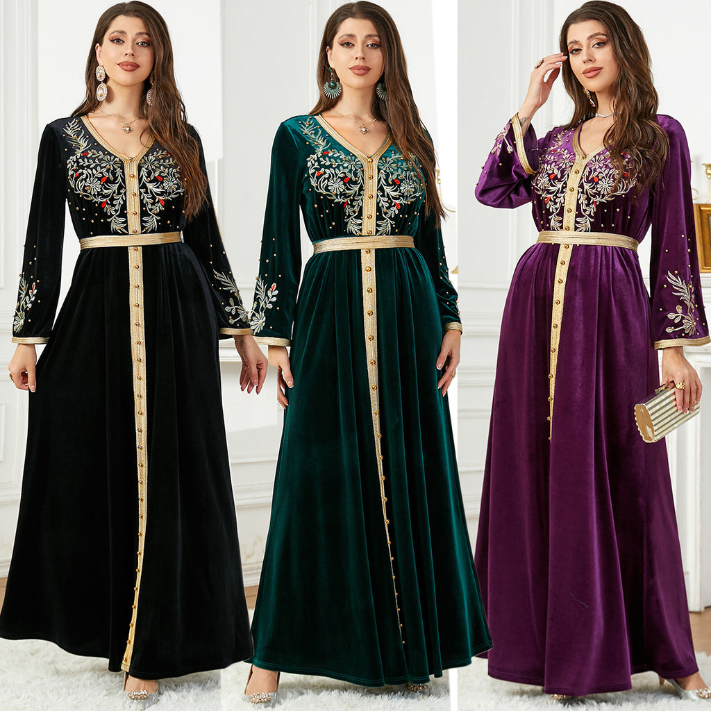 Robe brodée de perles en velours du Moyen-Orient, coloris noir, vert et violet, tailles M-XXL