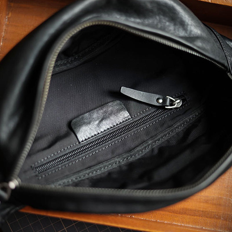 Sac de Poitrine Portable en Cuir de Vachette Noir pour Homme