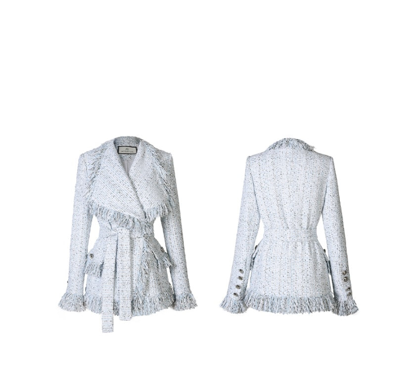 Veste en laine à franges pour femme à grand revers, coupe ajustée