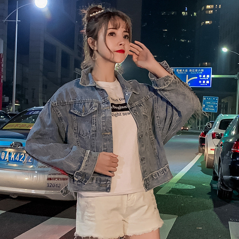 Printed beaded denim jacket