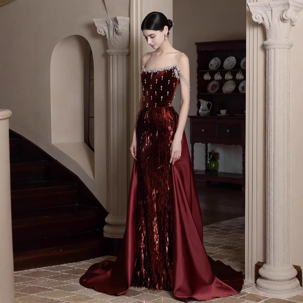Wine Red French Evening Dress for Toasting Women