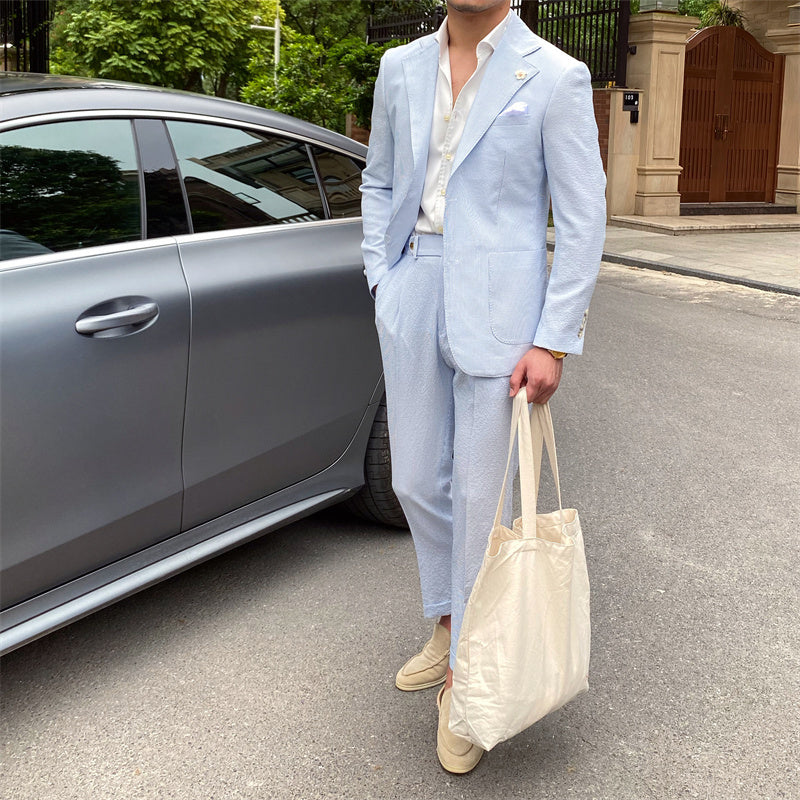 Costume pour homme en seersucker fin rayé bleu
