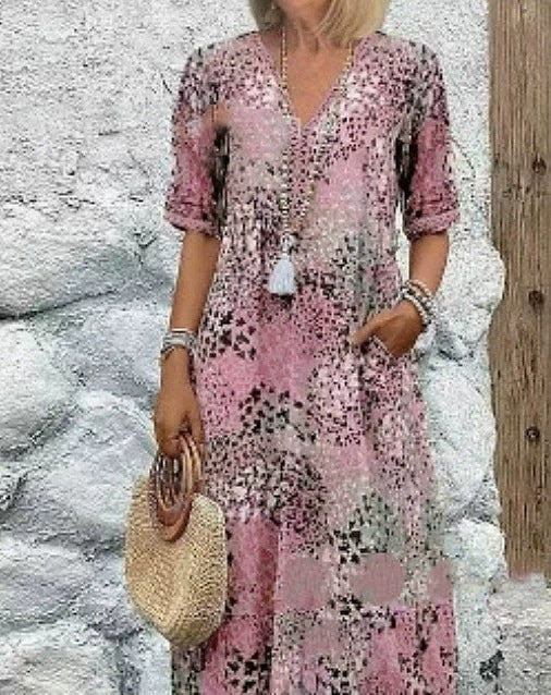 Robe d'été à col en V et demi-manches avec imprimé ethnique et poches pour femme