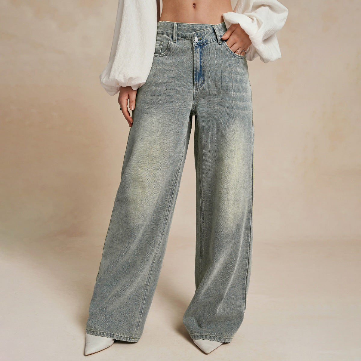 Light Blue Mid-Rise Loose Flared Denim Trousers