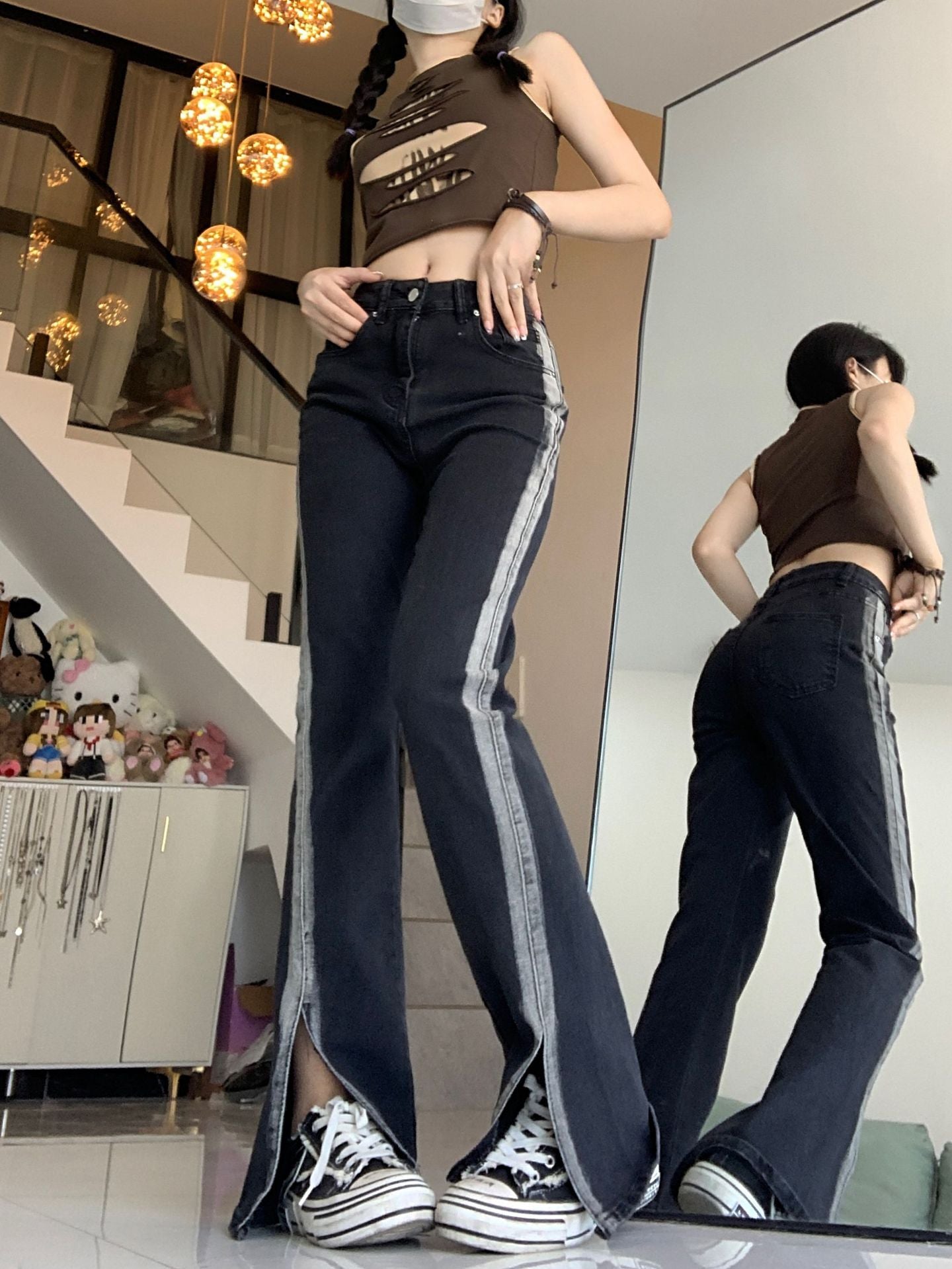 Women's High Waist Black Slit Stretch Jeans