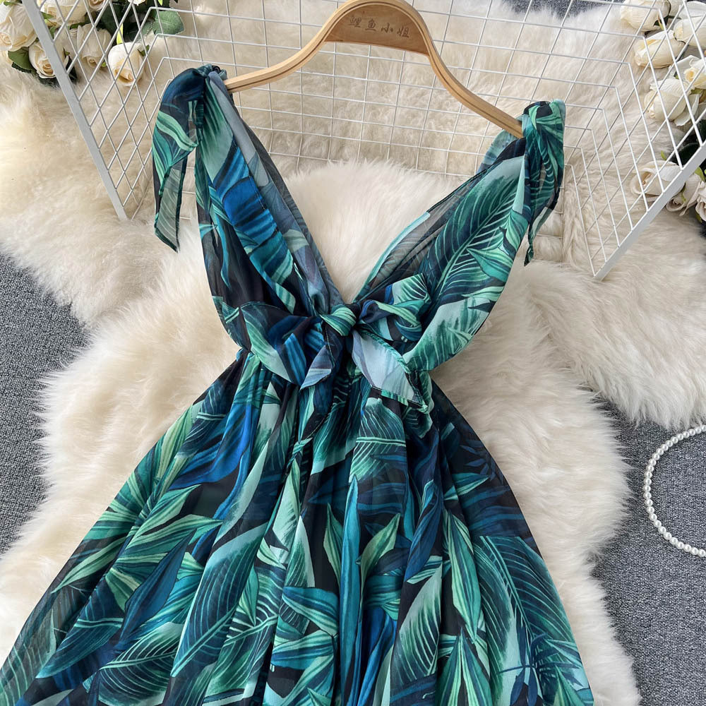 Lace-Up Printed Chiffon Beach Dress for Women