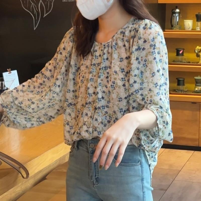 Floral Shirt Western Style Super Fairy Puff Sleeve Top