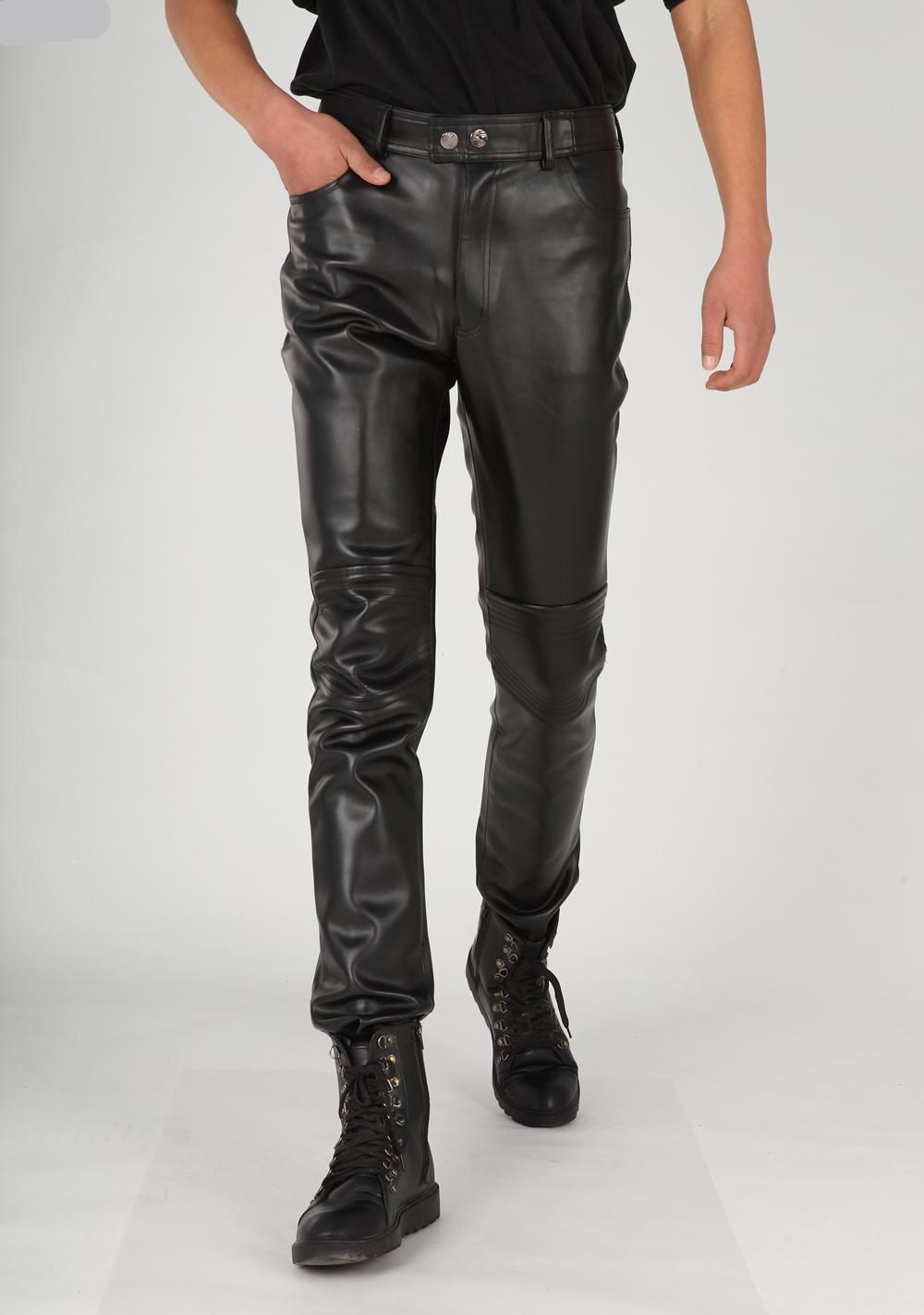 Pantalon de moto pour homme en similicuir noir avec surpiqûres