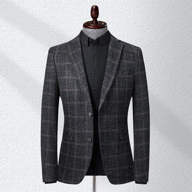 Slim Fit Plaid Suit with Two-Button Closure