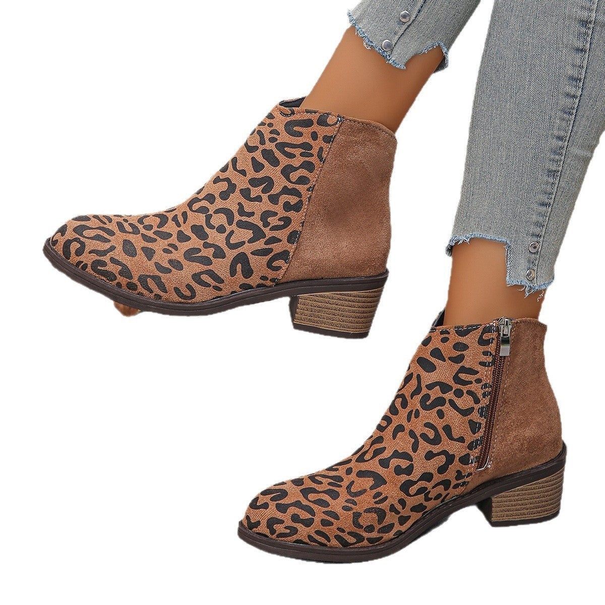 Bottes Chelsea d'hiver en daim imprimé léopard camel à talons mi-hauts pour femme