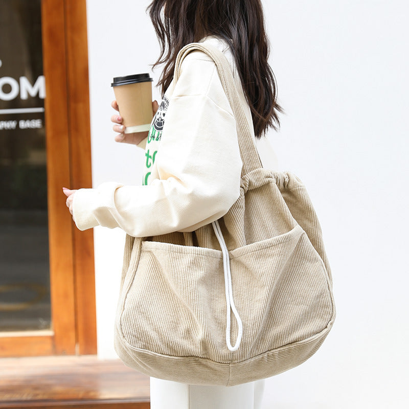Grand Sac à Main en Velours Côtelé Multi-Poches à Cordon pour Femmes