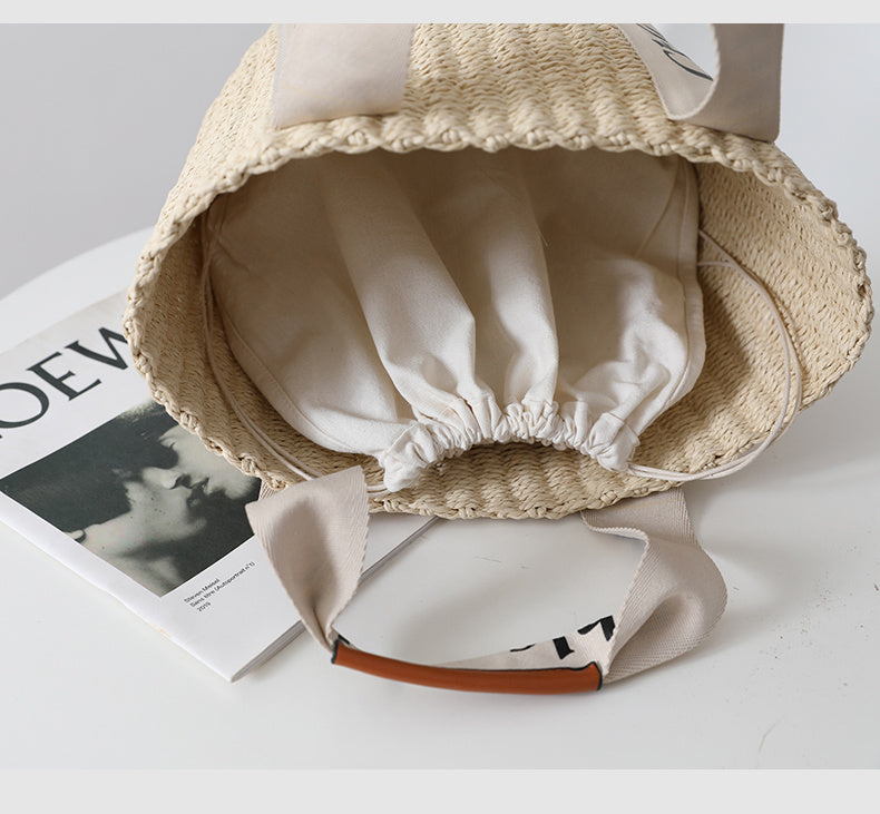 Hand-Woven Paper Bucket Bag for Women with Shoulder Strap