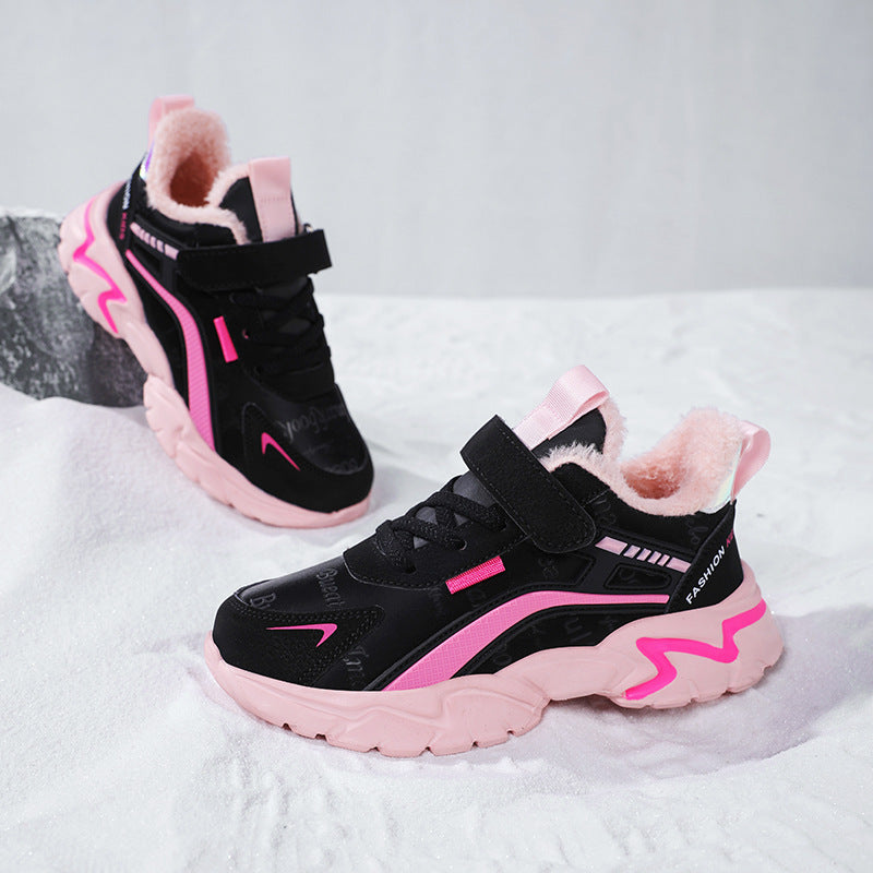 Baskets décontractées en cuir imperméable pour filles – Rose et noir, Tailles 27-40