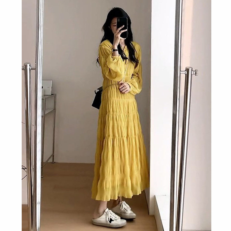 Robe jaune en polyester haut de gamme pour femme, Tailles S-XL